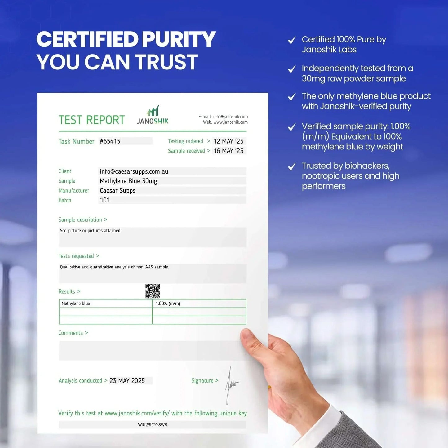 Hand holding a test report with 'Certified Purity You Can Trust' text and Janoshik Labs branding.