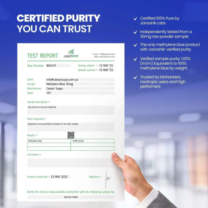 Hand holding a test report with 'Certified Purity You Can Trust' text and Janoshik Labs branding.
