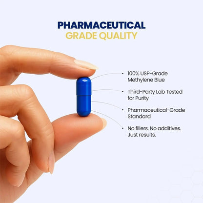 Hand holding a blue capsule with text about pharmaceutical grade quality on a white background