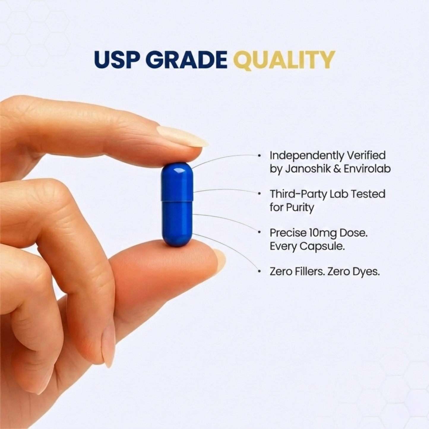 Hand holding Caesar Supps Methylene Blue capsule — USP Grade