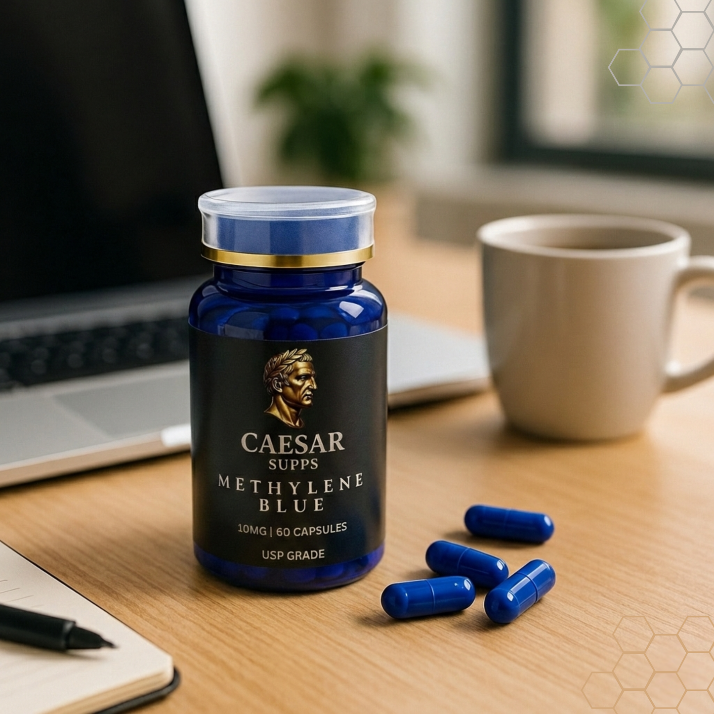 Caesar Supps Methylene Blue at desk — focus and cognitive performance