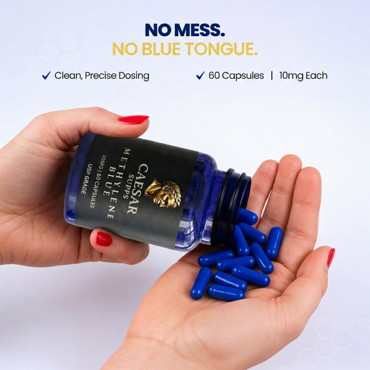 Methylene Blue capsules — no mess, no blue tongue unlike liquid drops