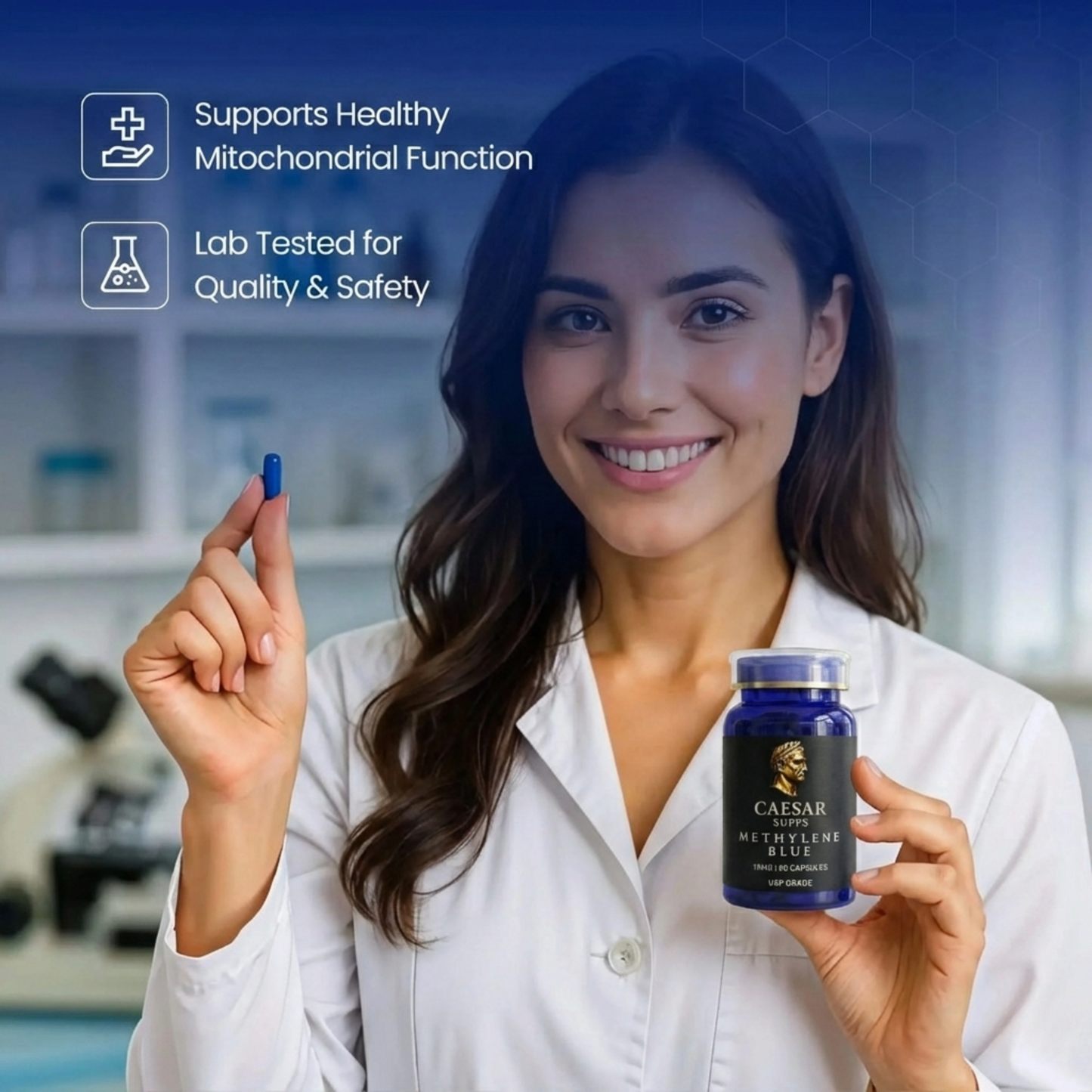 Woman holding Caesar Supps Methylene Blue bottle